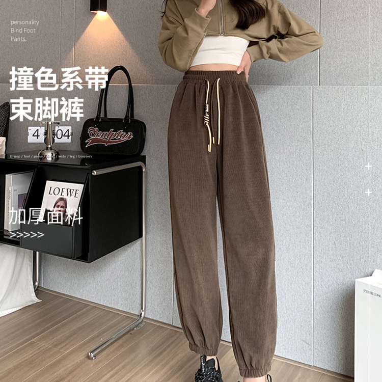 灯芯绒运动裤女宽松束脚裤2023新款春秋小个子哈伦阔腿休闲卫裤子